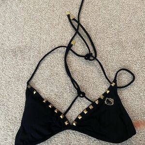 Hello Kitty Black Triangle Bikini Top Gold Embroidery